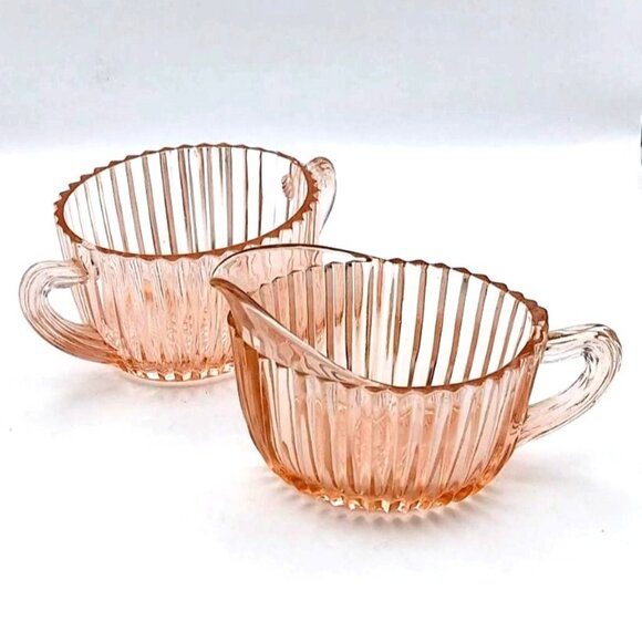 Vintage Hocking Glass Pink Queen Mary Ribbed Creamer & Open Sugar Set Depression - Picture 1 of 6
